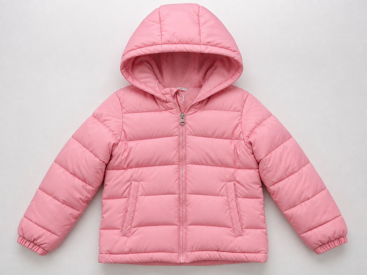 A child's pink hooded winter coat